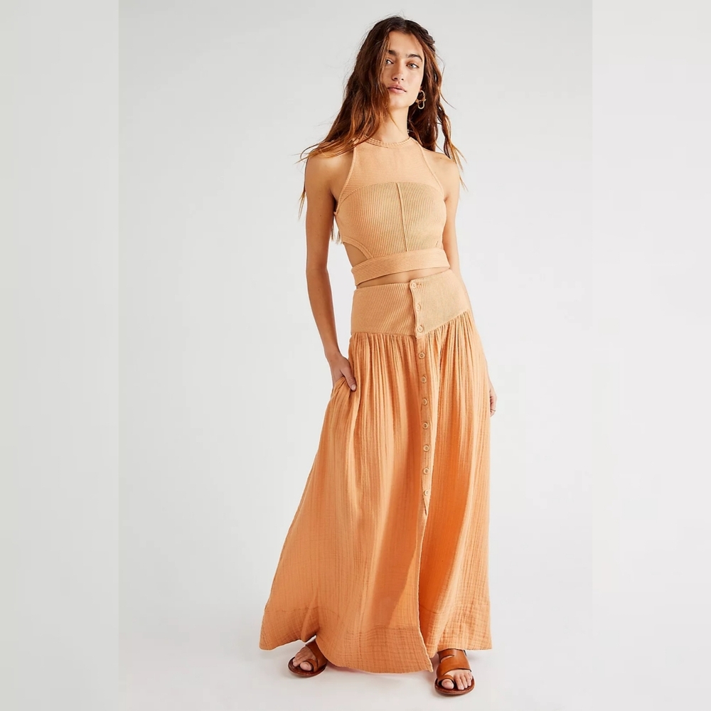 Free People Peach Maxi Dress with Button Front Skirt